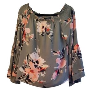 White House Black Market Off Shoulder Sage Floral Long Sleeve Peasant Top Size M